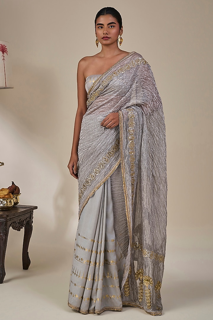 ?Grey Crushed Tissue Silk Half-N-Half Wedding Saree Set by Masaba at Pernia's Pop Up Shop