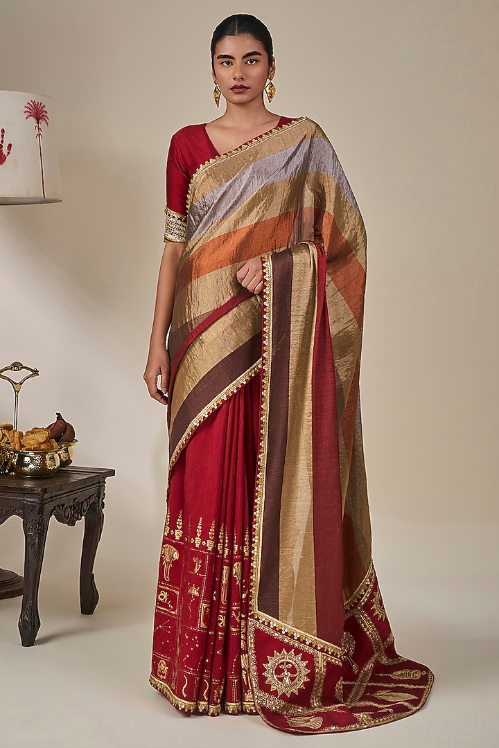 Red Tissue Silk Foil Printed Wedding Saree Set by Masaba at Pernia's Pop Up Shop