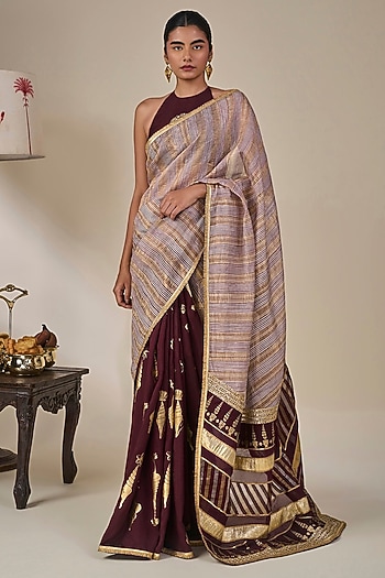 Plum Viscose Slub Foil Printed Wedding Saree Set by Masaba at Pernia's Pop Up Shop