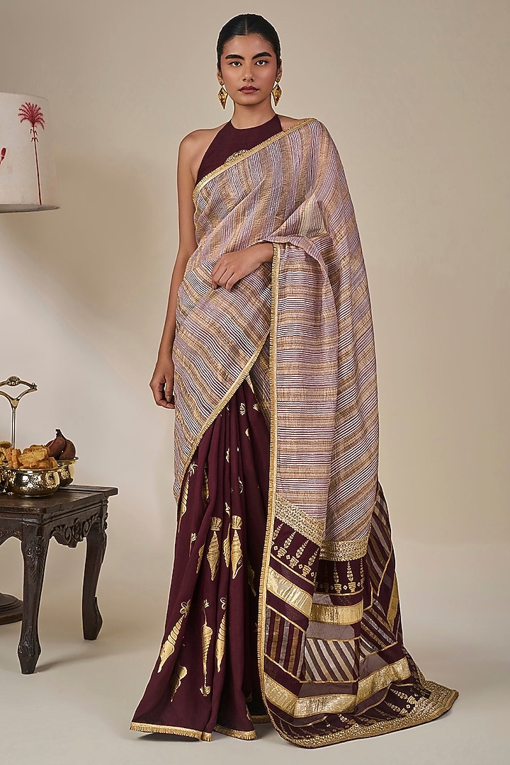 Plum Viscose Slub Foil Printed Wedding Saree Set by Masaba at Pernia's Pop Up Shop