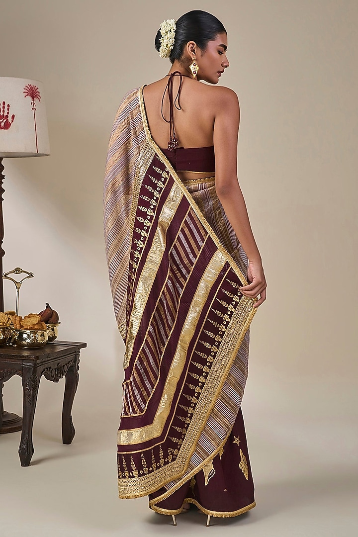Plum Viscose Slub Foil Printed Wedding Saree Set by Masaba at Pernia's Pop Up Shop