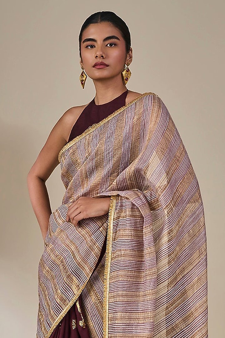 Plum Viscose Slub Foil Printed Wedding Saree Set by Masaba at Pernia's Pop Up Shop