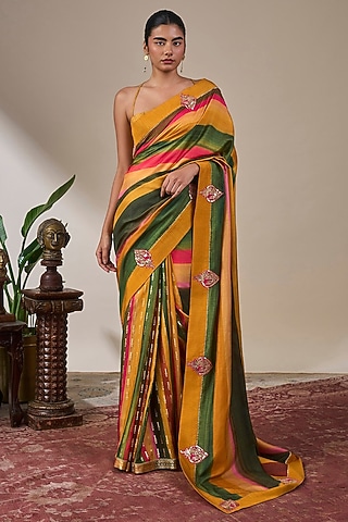 Multi-Colored Viscose Slub Stripe Printed Saree Set by masaba