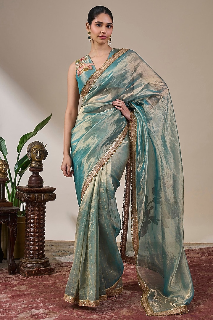 Blue Tissue Silk Applique Embroidered & Printed Wedding Saree Set by Masaba at Pernia's Pop Up Shop