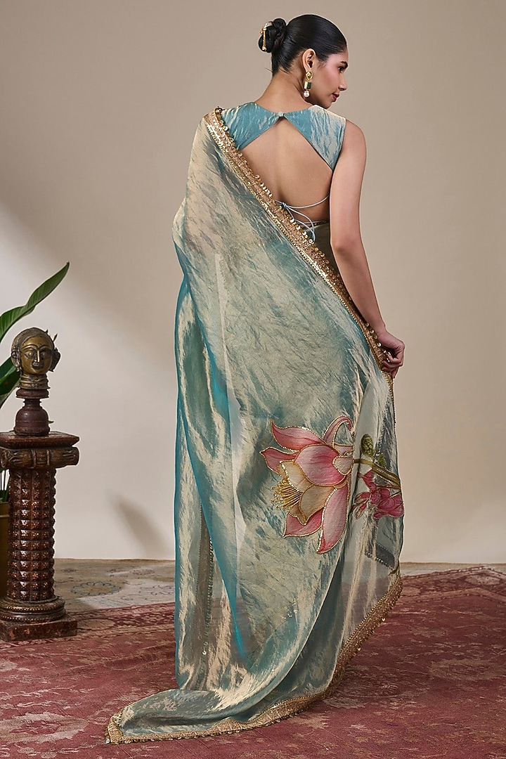 Blue Tissue Silk Applique Embroidered & Printed Wedding Saree Set by Masaba at Pernia's Pop Up Shop