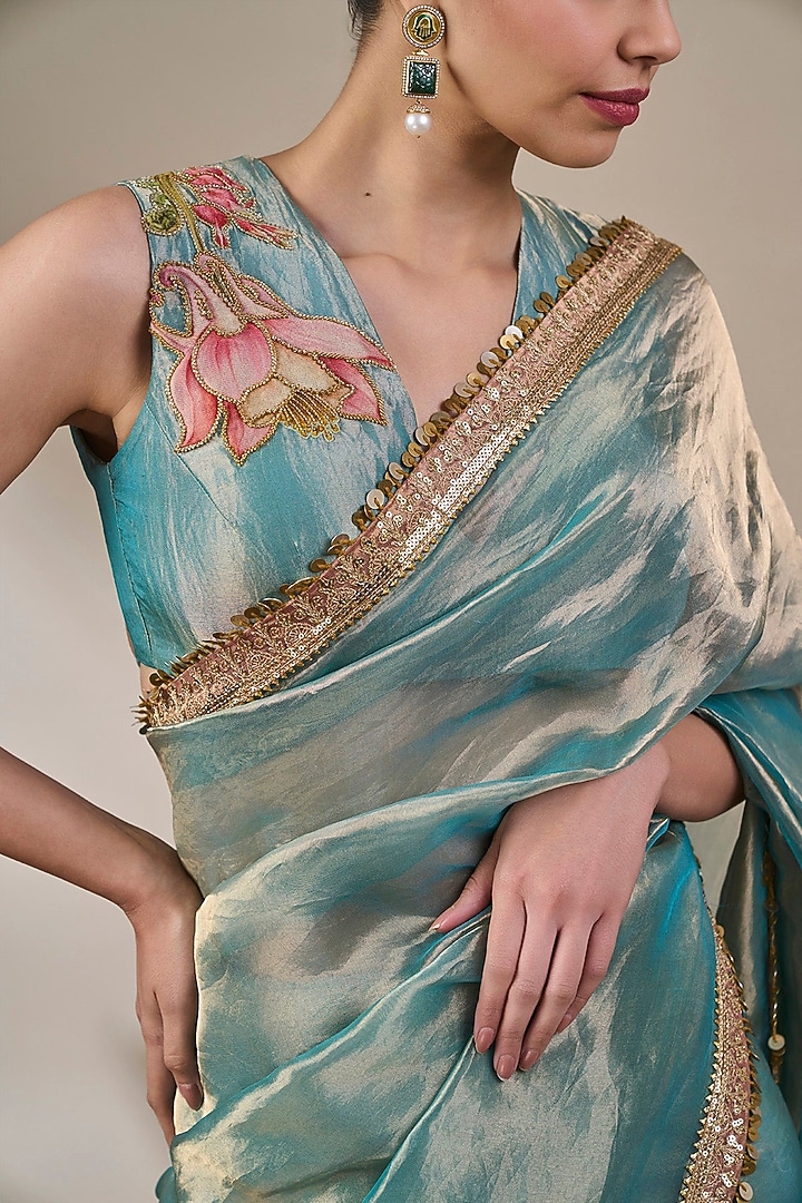 Blue Tissue Silk Applique Embroidered & Printed Wedding Saree Set by Masaba at Pernia's Pop Up Shop