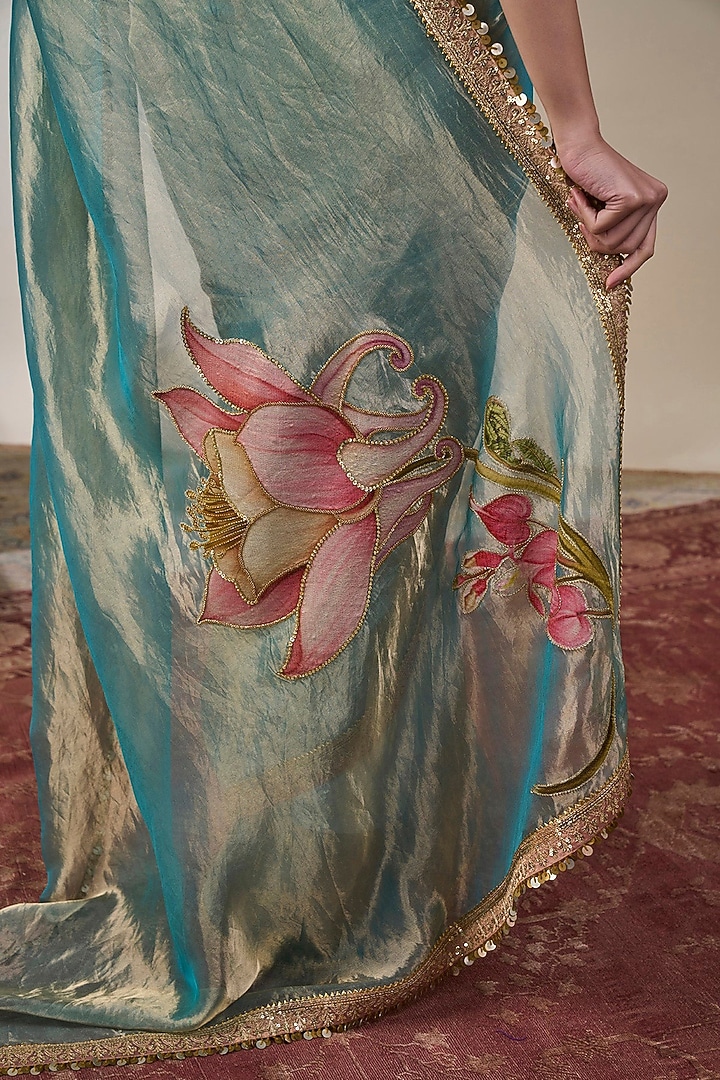 Blue Tissue Silk Applique Embroidered & Printed Wedding Saree Set by Masaba at Pernia's Pop Up Shop