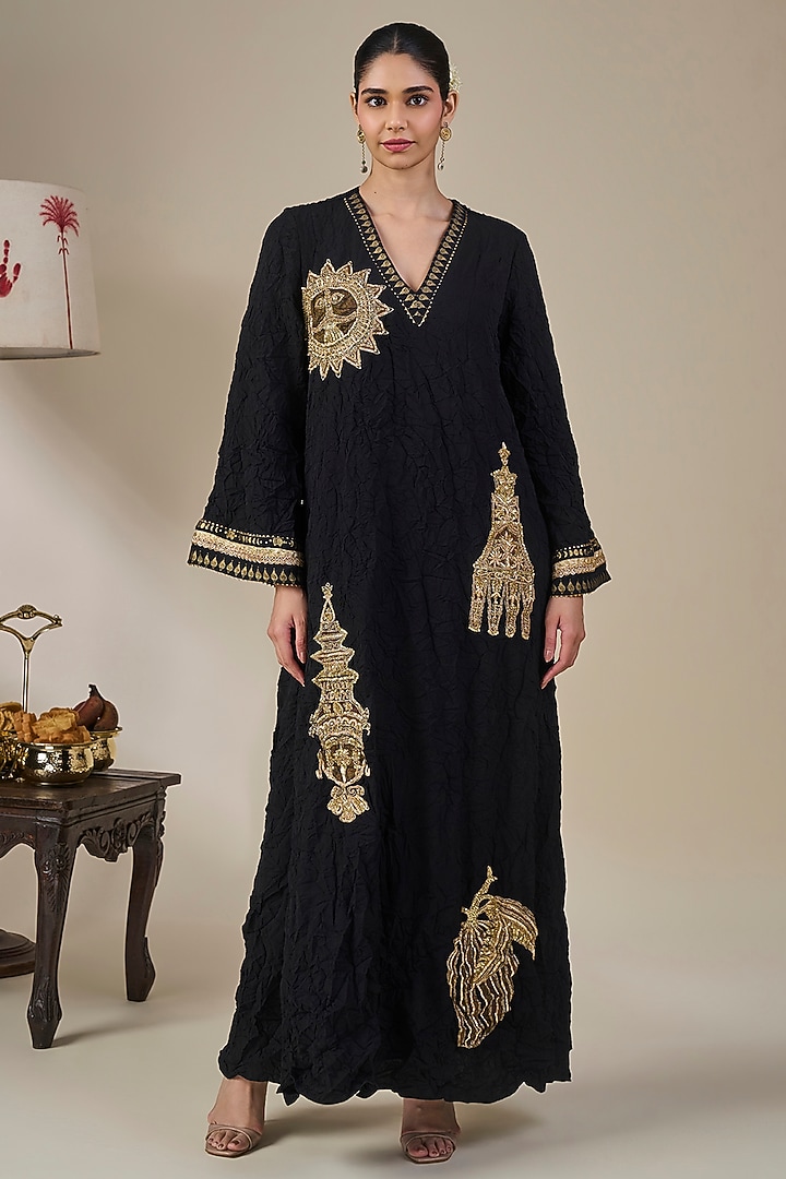 Black Heavy Crepe Printed & Embroidered Kaftan by Masaba at Pernia's Pop Up Shop