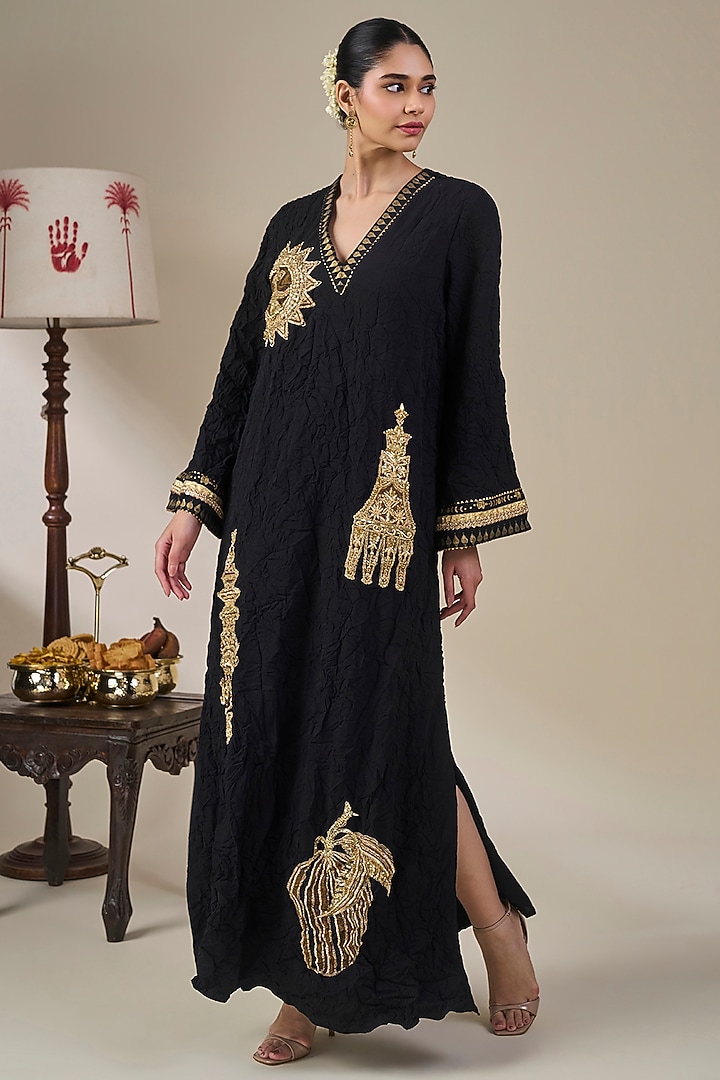 Black Heavy Crepe Printed & Embroidered Kaftan by Masaba at Pernia's Pop Up Shop