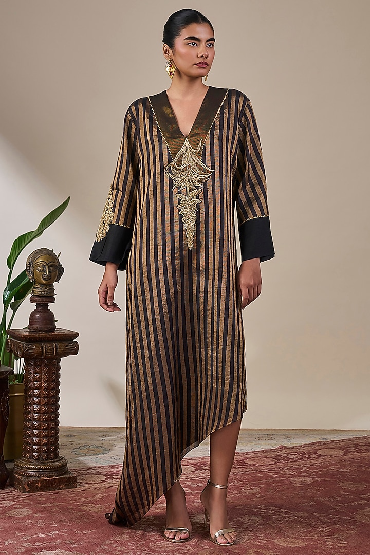 Black & Gold Tissue Silk Asymmetrical Striped Kaftan by Masaba at Pernia's Pop Up Shop