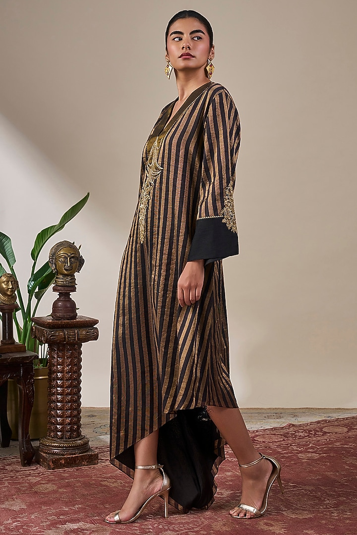 Black & Gold Tissue Silk Asymmetrical Striped Kaftan by Masaba at Pernia's Pop Up Shop