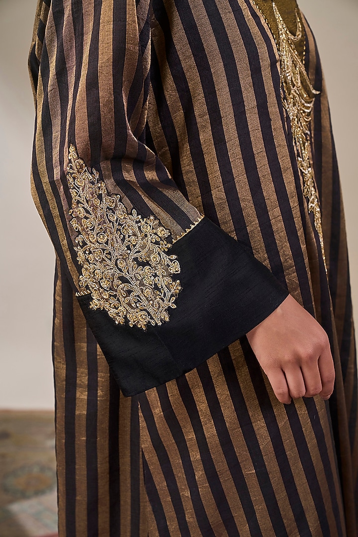 Black & Gold Tissue Silk Asymmetrical Striped Kaftan by Masaba at Pernia's Pop Up Shop