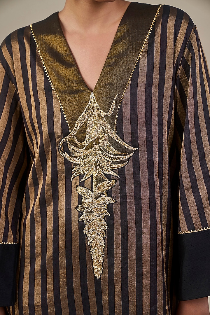 Black & Gold Tissue Silk Asymmetrical Striped Kaftan by Masaba at Pernia's Pop Up Shop