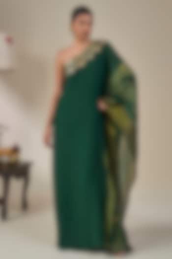 Bottle Green Crepe Silk Striped One-Shoulder Kaftan by Masaba at Pernia's Pop Up Shop