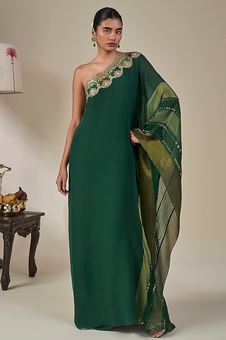 Bottle Green Crepe Silk Striped One-Shoulder Kaftan by Masaba at Pernia's Pop Up Shop