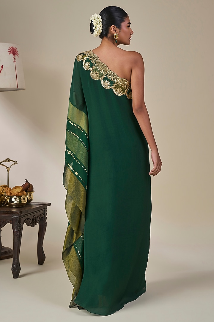 Bottle Green Crepe Silk Striped One-Shoulder Kaftan by Masaba at Pernia's Pop Up Shop