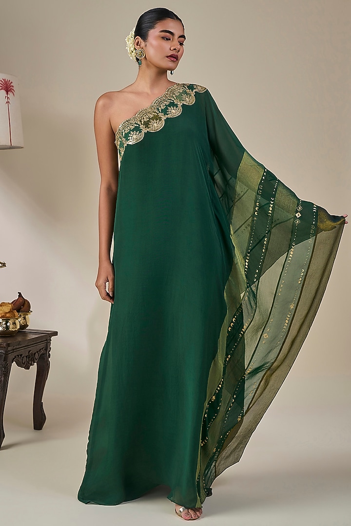 Bottle Green Crepe Silk Striped One-Shoulder Kaftan by Masaba at Pernia's Pop Up Shop