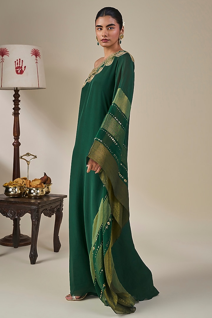 Bottle Green Crepe Silk Striped One-Shoulder Kaftan by Masaba at Pernia's Pop Up Shop