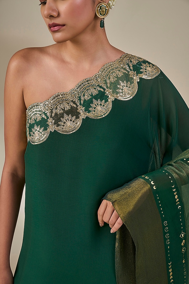 Bottle Green Crepe Silk Striped One-Shoulder Kaftan by Masaba at Pernia's Pop Up Shop