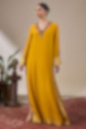 Yellow Crepe Silk Embellished Kaftan by Masaba at Pernia's Pop Up Shop