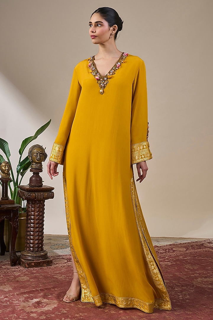 Yellow Crepe Silk Embellished Kaftan by Masaba at Pernia's Pop Up Shop