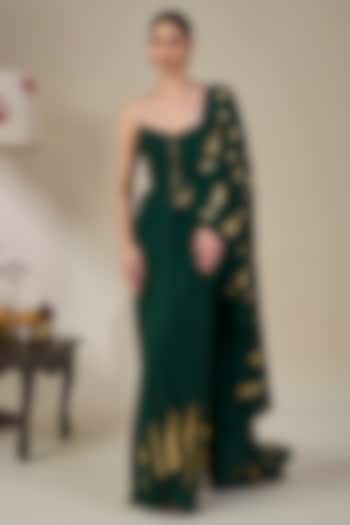 Bottle Green Viscose Crepe Foil Printed Wedding Saree Set by Masaba at Pernia's Pop Up Shop