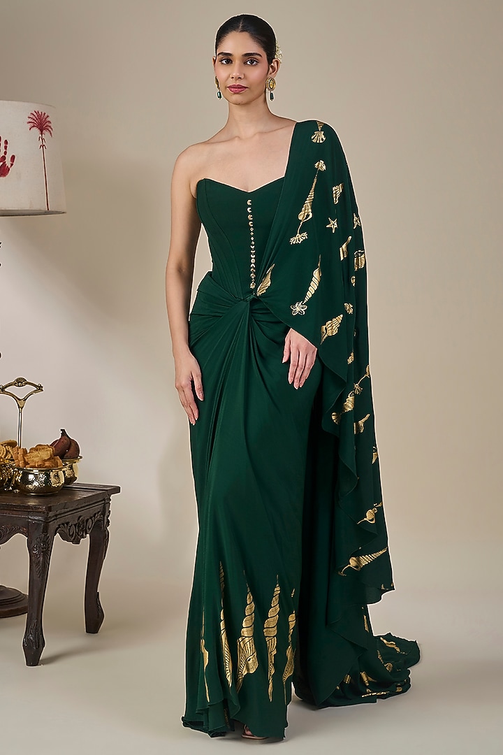 Bottle Green Viscose Crepe Foil Printed Wedding Saree Set by Masaba at Pernia's Pop Up Shop