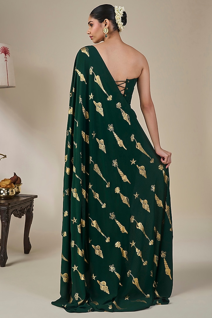 Bottle Green Viscose Crepe Foil Printed Wedding Saree Set by Masaba at Pernia's Pop Up Shop