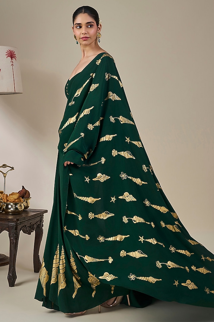 Bottle Green Viscose Crepe Foil Printed Wedding Saree Set by Masaba at Pernia's Pop Up Shop