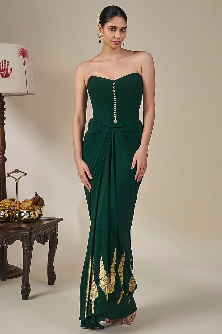 Bottle Green Viscose Crepe Foil Printed Wedding Saree Set by Masaba at Pernia's Pop Up Shop
