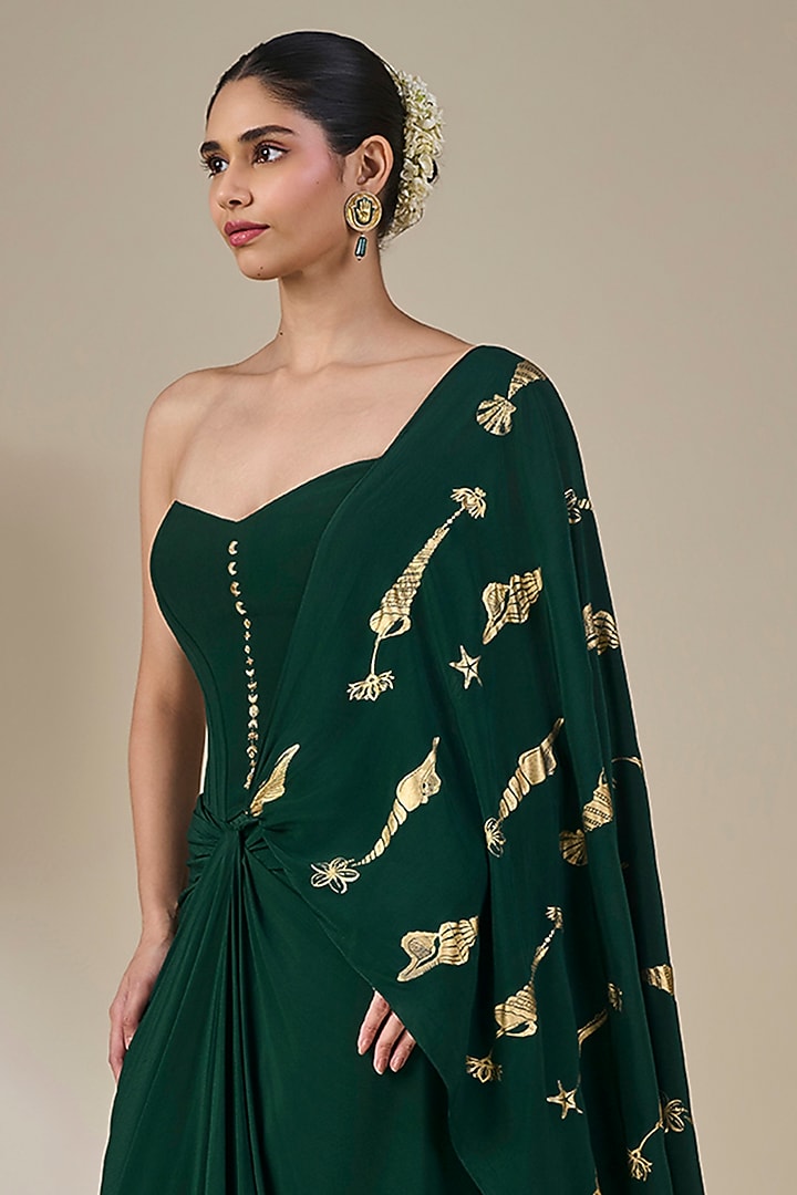 Bottle Green Viscose Crepe Foil Printed Wedding Saree Set by Masaba at Pernia's Pop Up Shop