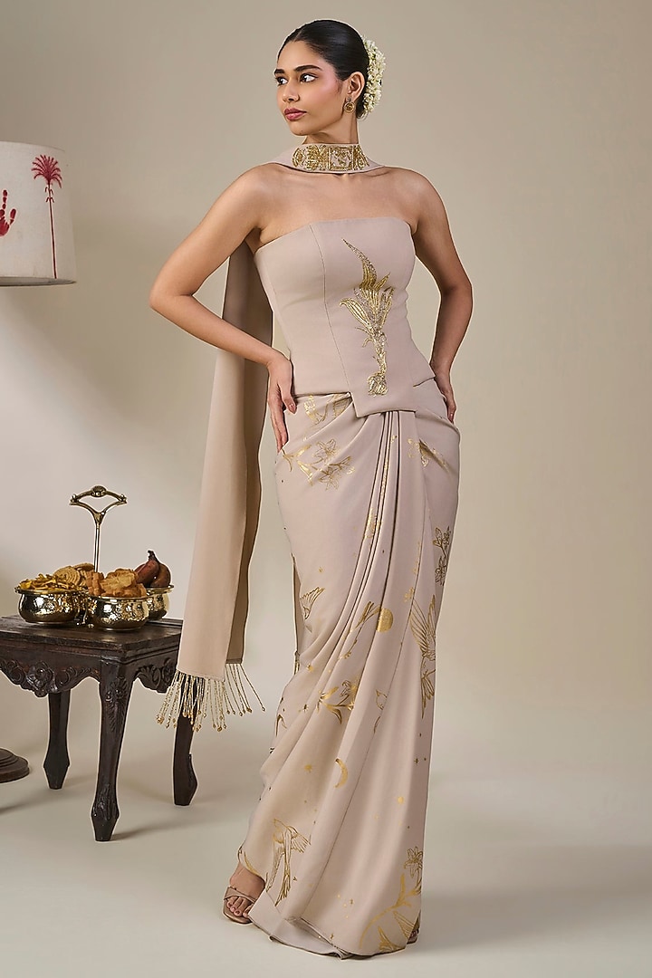Grey Crepe Silk Foil Printed Draped Skirt Set by Masaba at Pernia's Pop Up Shop