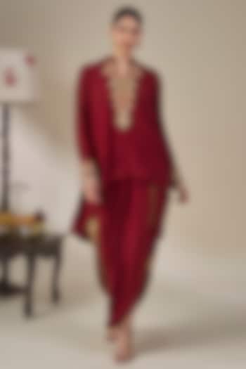 Maroon Crepe Silk Applique Embroidered High-Low Kurta Set by Masaba at Pernia's Pop Up Shop