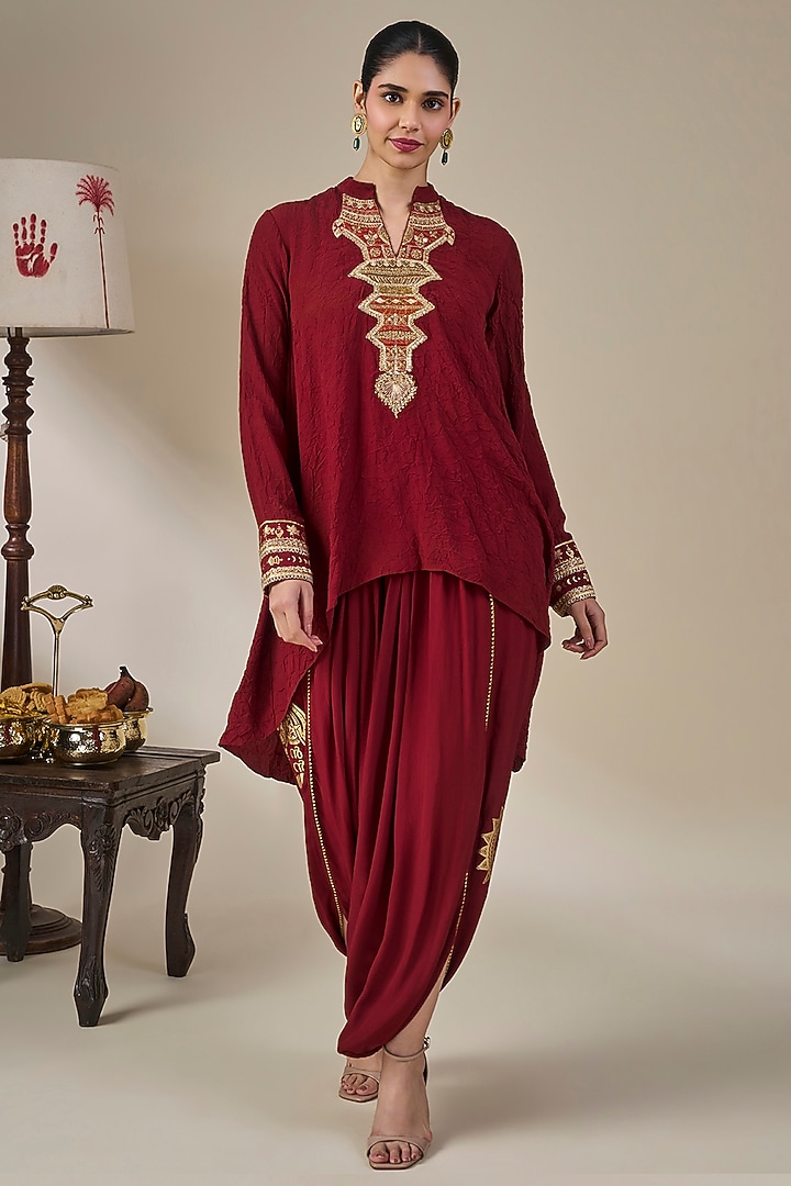 Maroon Crepe Silk Applique Embroidered High-Low Kurta Set by Masaba at Pernia's Pop Up Shop