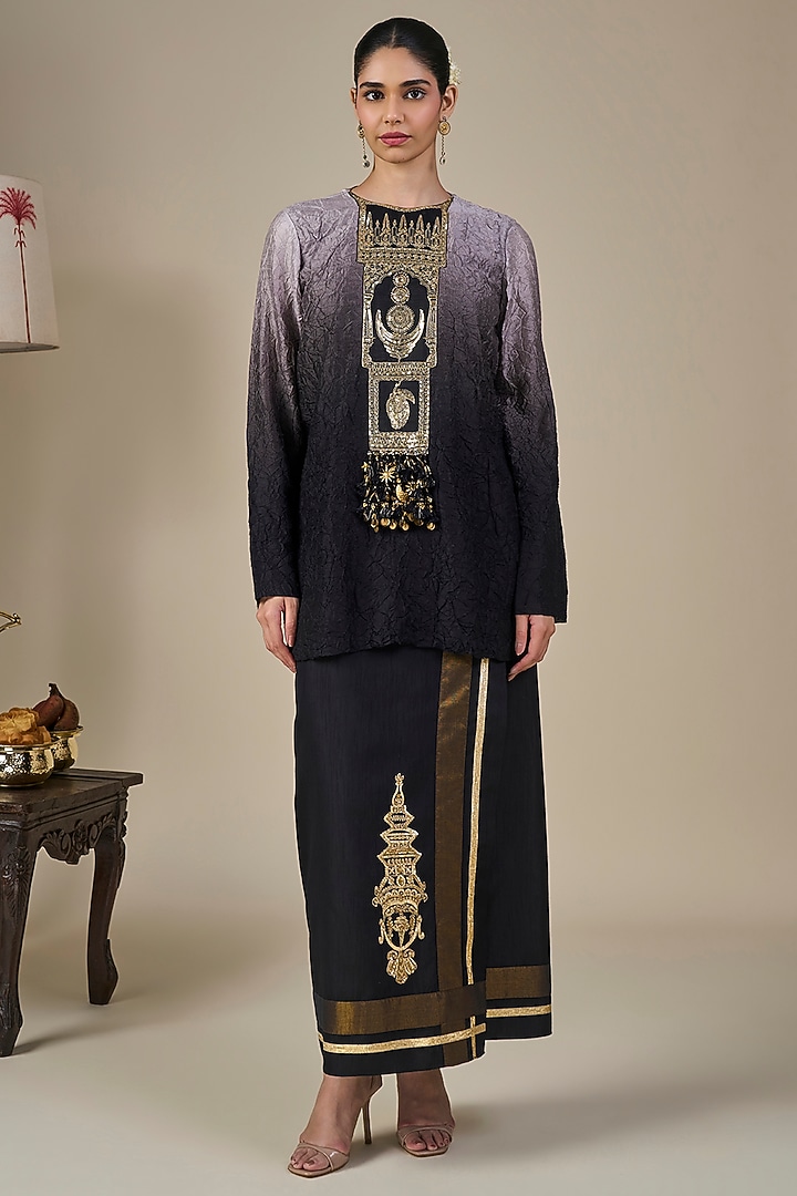 Black & White Ombre Viscose Slub Lungi Skirt Set by Masaba at Pernia's Pop Up Shop