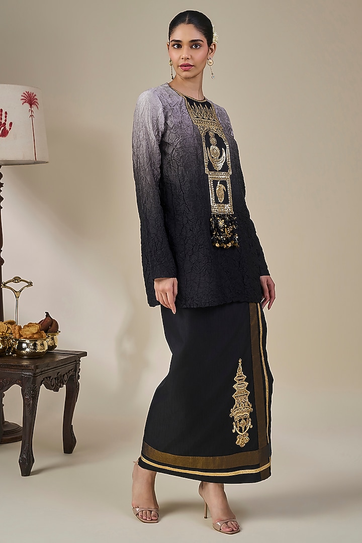 Black & White Ombre Viscose Slub Lungi Skirt Set by Masaba at Pernia's Pop Up Shop
