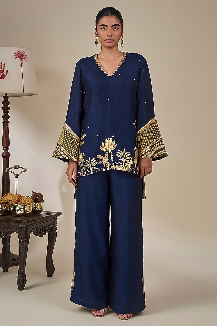 Midnight Blue Viscose Slub Printed Kurta Set by Masaba at Pernia's Pop Up Shop