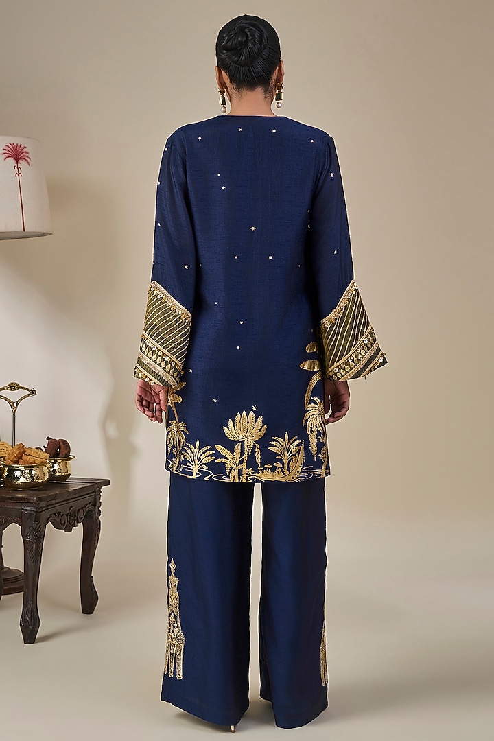 Midnight Blue Viscose Slub Printed Kurta Set by Masaba at Pernia's Pop Up Shop