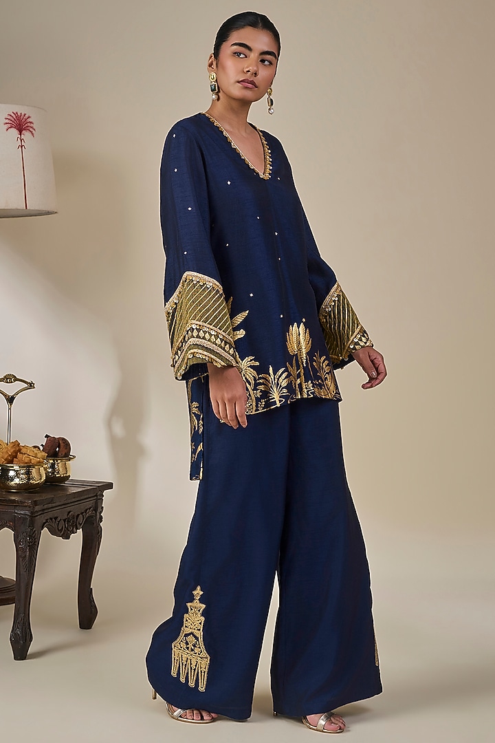 Midnight Blue Viscose Slub Printed Kurta Set by Masaba at Pernia's Pop Up Shop