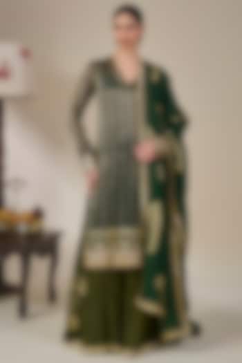 Bottle Green Striped Tissue Silk Kurta Set by Masaba at Pernia's Pop Up Shop