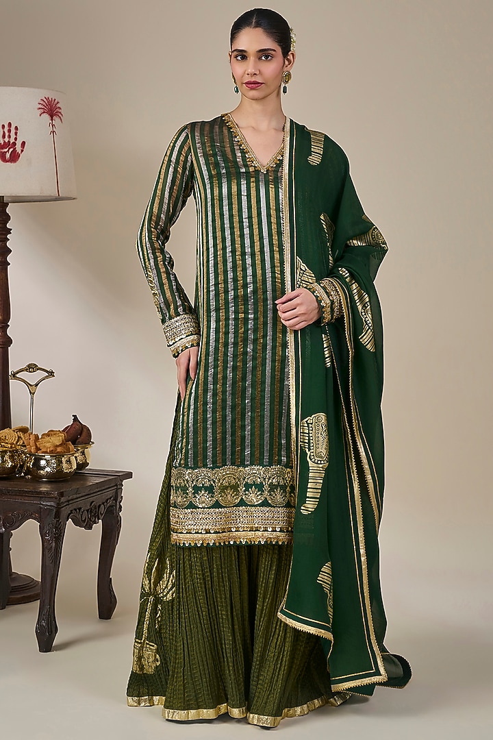 Bottle Green Striped Tissue Silk Kurta Set by Masaba at Pernia's Pop Up Shop