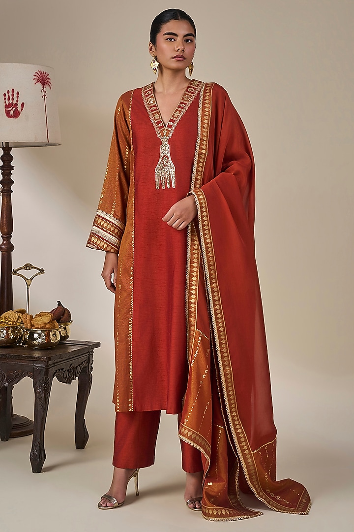 Rust Viscose Slub Foil Printed Straight Kurta Set by Masaba at Pernia's Pop Up Shop