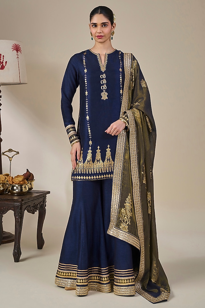 Midnight Blue Viscose Slub Printed Wedding Sharara Set by Masaba at Pernia's Pop Up Shop