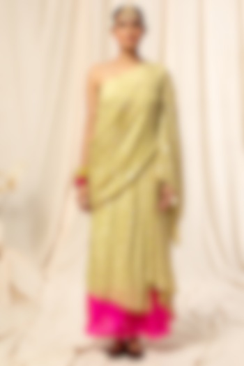 Olive Green Draped Skirt Set With Floral Motif by Masaba