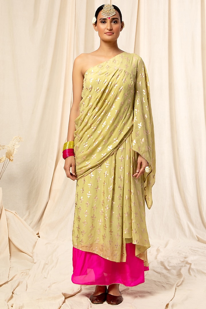 Olive Green Draped Skirt Set With Floral Motif by Masaba