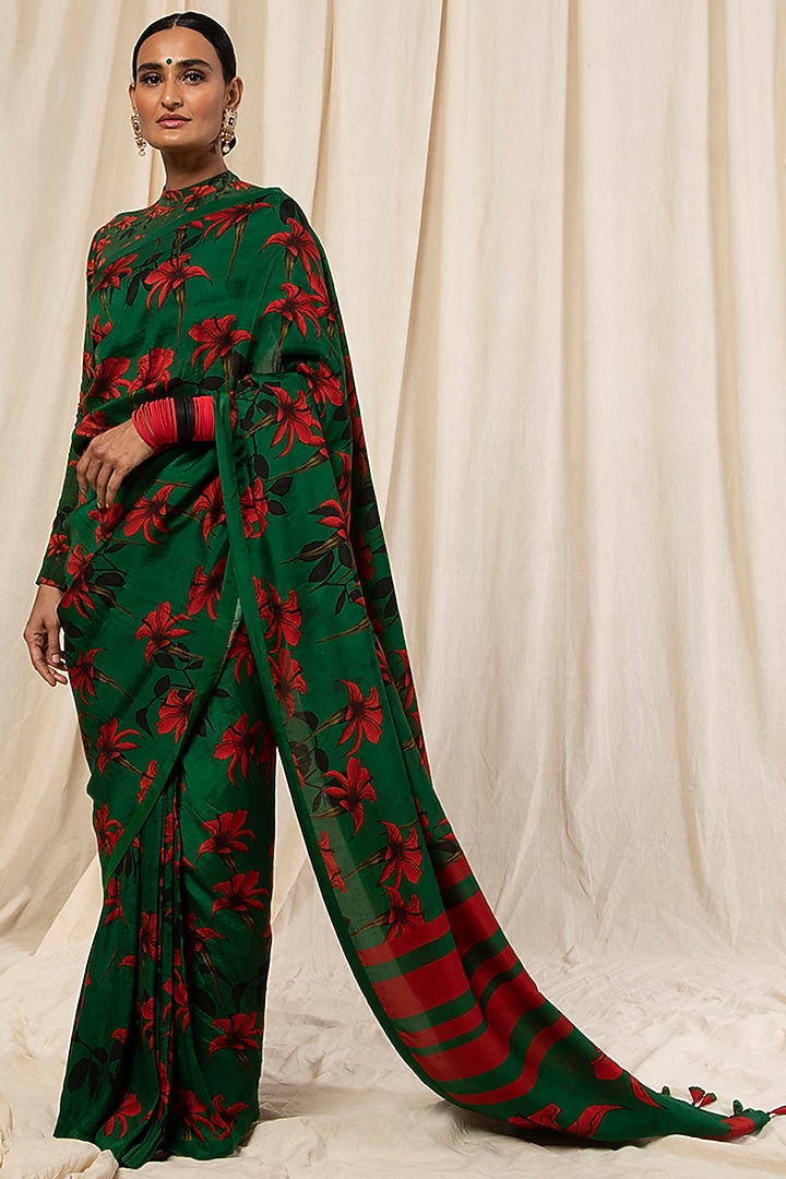 Green Printed Party Wear Saree Set by Masaba at Pernia's Pop Up Shop