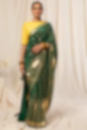 Bottle Green Saree With Motifs  by Masaba