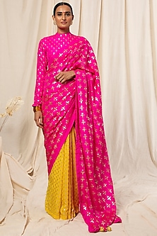 Hot Pink & Lemon Yellow Color Blocked Saree  by Masaba-COLOR BLOCKING