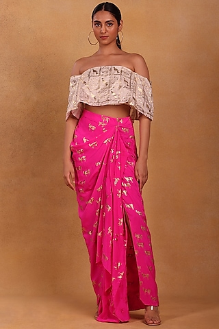 Fuchsia Silk Draped Skirt Set by Masaba
