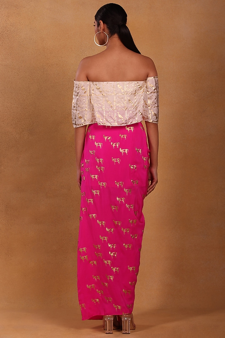 Vibrant Fuchsia Drape Skirt Set with Intricate Thread Embroidery
